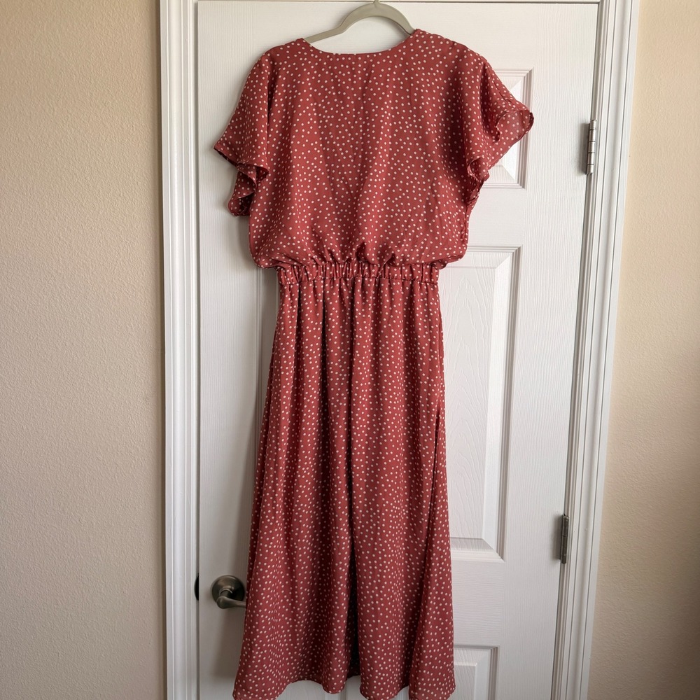 Sienna Sky Womens Rust Polka Dot V-Neck Flutter Sleeve Midi Dress Small - Picture 13 of 13